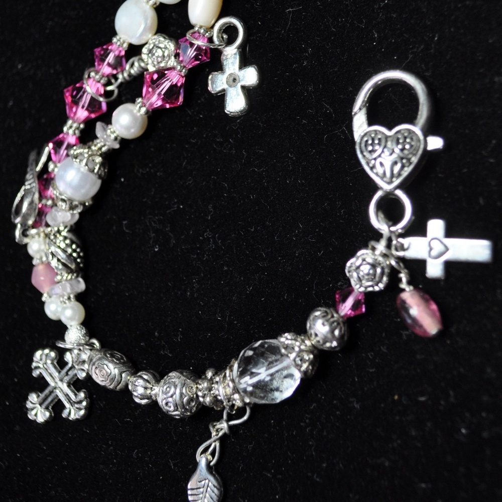 AC Multi-Strand Pink , Swarovski Crystals, Pearls and Charm Bracelet